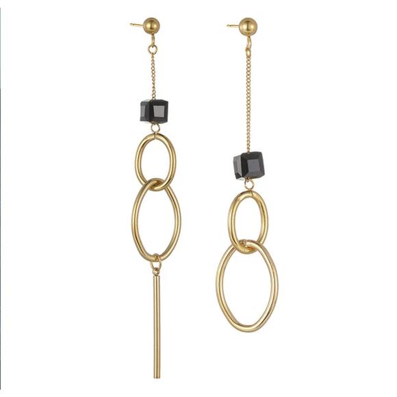 Geometric Drop Earrings 14K Gold Plated Onyx Crystal Asymmetrical Retro Urban - Picture 2 of 6